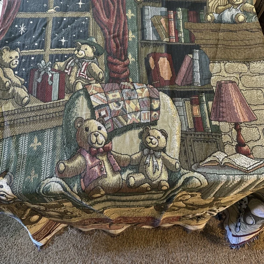 Vtg The Bears Den Lg Christmas Tapestry Teddy Bears Moon Stars Dalmatian Throw